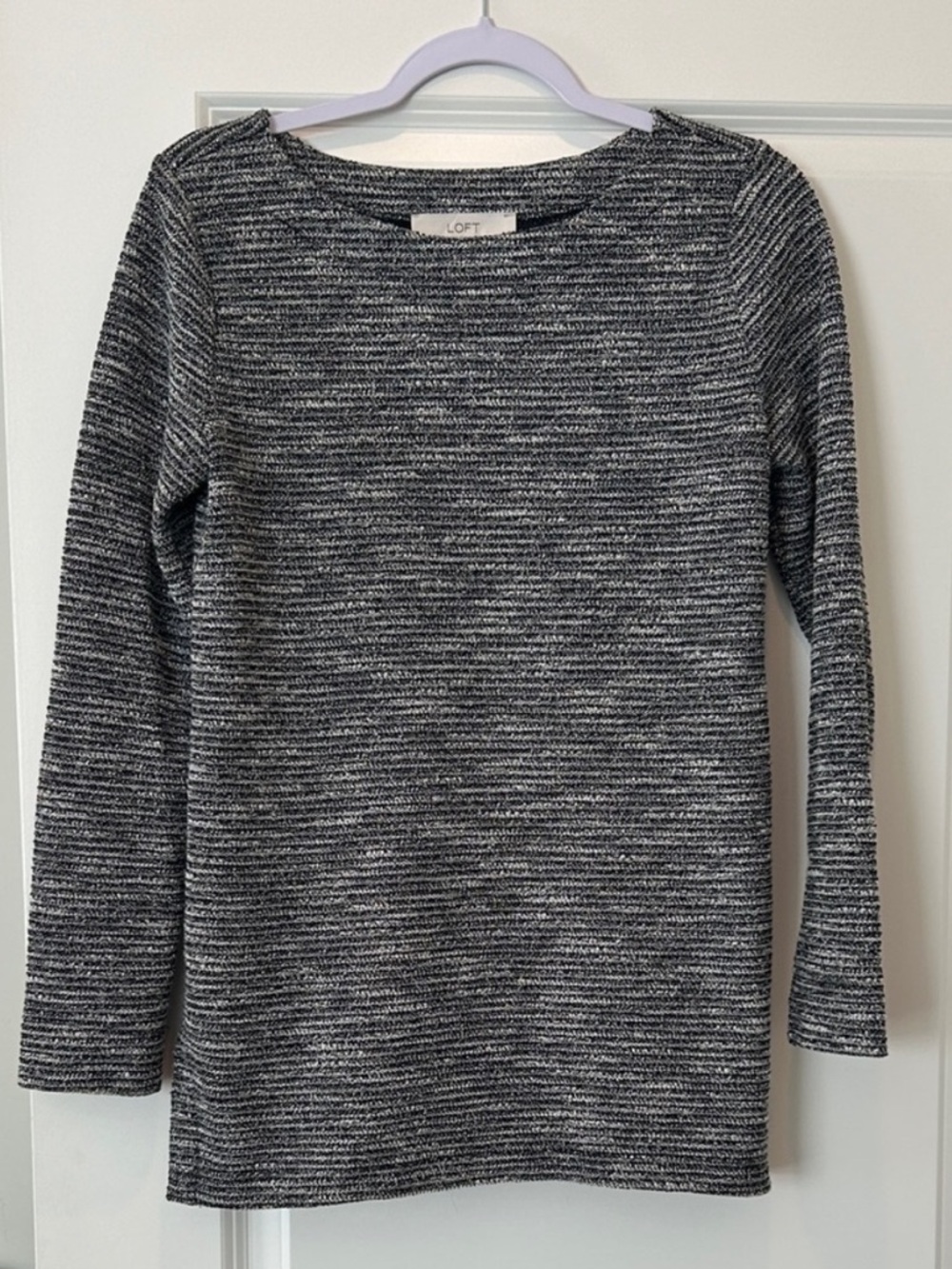 LOFT Black & White Textured Tweed Crewneck Sweater